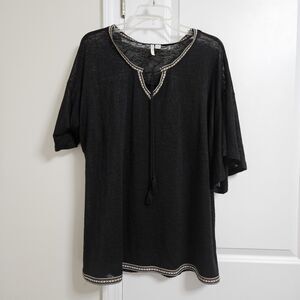 C. est 1946 Blouse Womens 18/20 Black Bohemian Embroidered Aztec Trim Semi Sheer